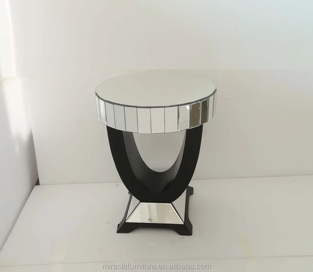 Black Wood Base Round Mirrored Corner Side Table for Living Room Furniture