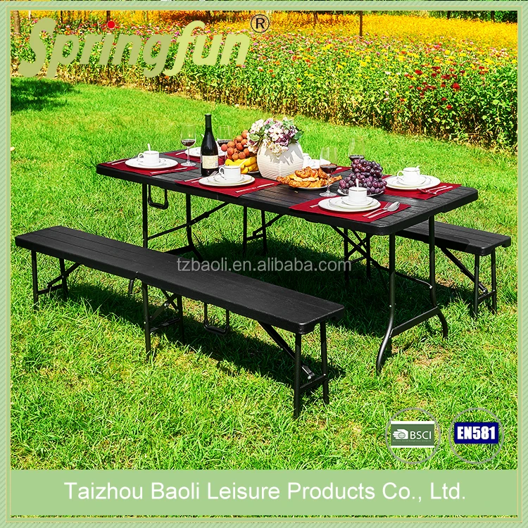180Cm Brown HDPE Folding Plastic Wooden Look Garden Dinner Tables and Chairs Set