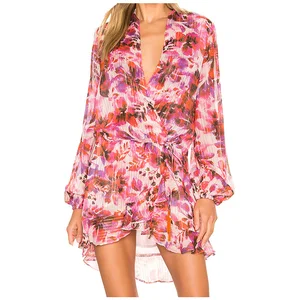Wholesale Boho Style Chiffon Vintage Floral Print Long Sleeve Wrap Dress Belted Ruffles Printed Women Dress