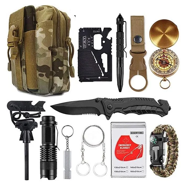 Outdoor Camping Brushcraft Emergency Survival Gear Kit with Molle Pouch Fire Starter Compass for Hiking Hunting