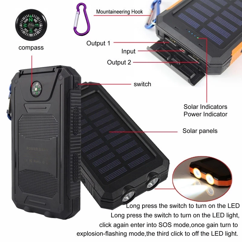 Factory Price Cell Phone Charger  Mountaineering  Long Time Using Power Bank Solar Wireless for Mobile