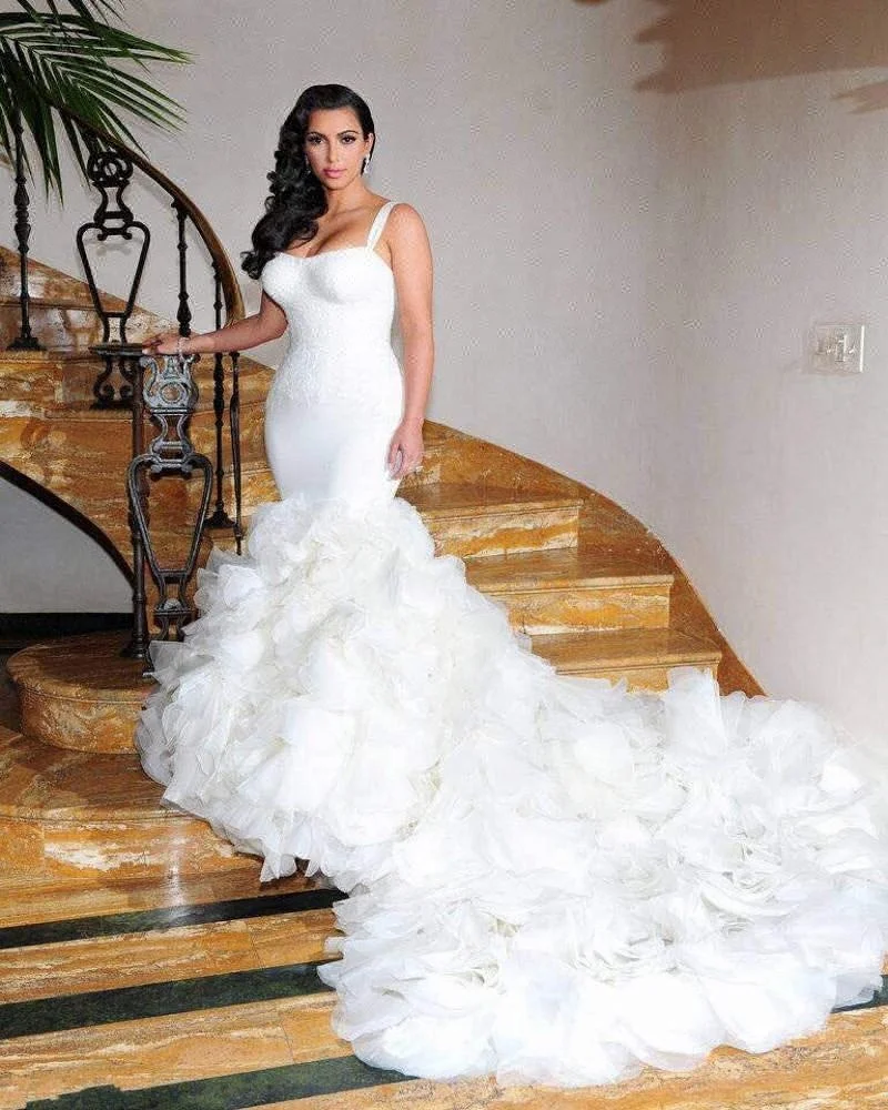 Kim Kardashian Wedding Dresses With Spaghetti Straps Court Train Ruffles Organza Bride Dress View Kim Kardashian Wedding Dresses Jinmeirui Product Details From Gusu District Jinmeirui Wedding Dress Factory On Alibaba Com