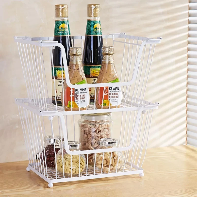 Modern Stackable Metal Storage Organizer Bin Basket With Handles,Open