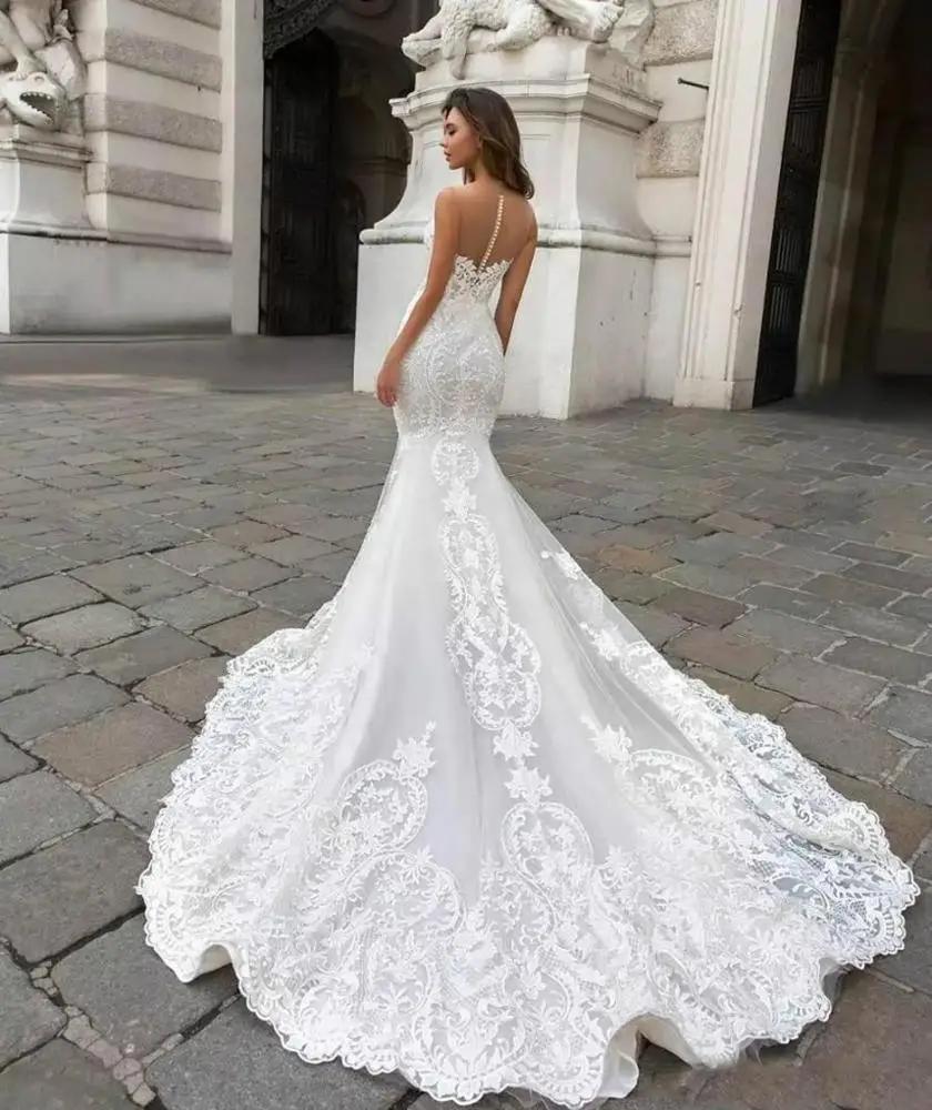 mermaid wedding dresses with lace Crepe Mermaid Wedding Dress with Deep V-Neck and Lace Sleeves – ML126 –  Viniodress