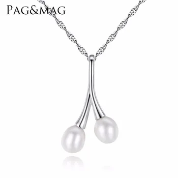 PAG&MAG Wholesale Cheap Sterling Silver White Cute Grass Shape Pendant Mounting Two Natural Pearl Necklace For Women Engagement