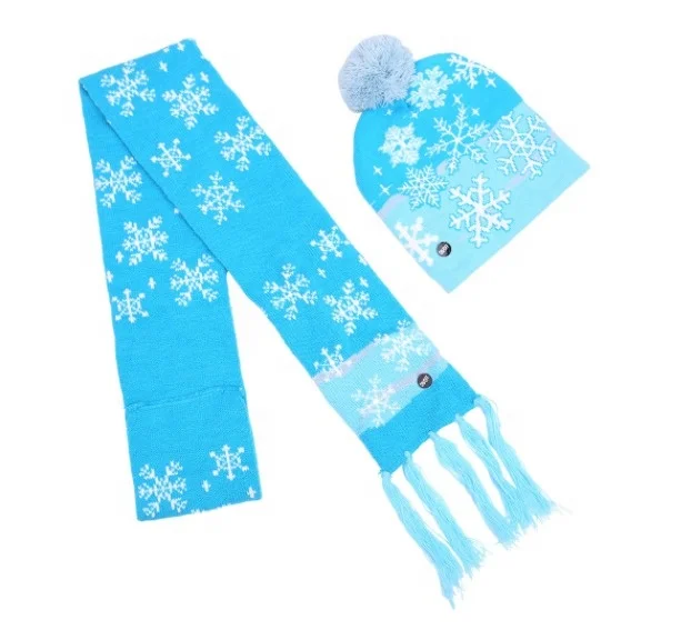 Детская Рождественская жаккардовая вязаная шапочка и шарф со светодиодными лампами