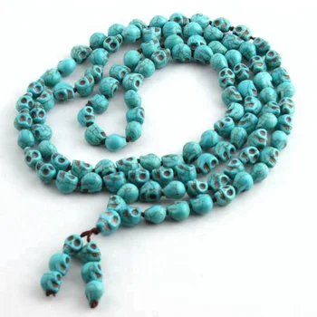 Fashion Yoga Jewelry Long Knotted Tibetan Buddhism Necklace 108pc Turquoise bone Skull Heads Prayer Bead Mala Necklace