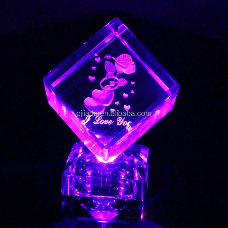 Hot Sale Rotating Led Base Custom 3d Laser Engraved Glass Cube Photo Frame 3d Photo Crystal Cube for Valentine's Day Gift