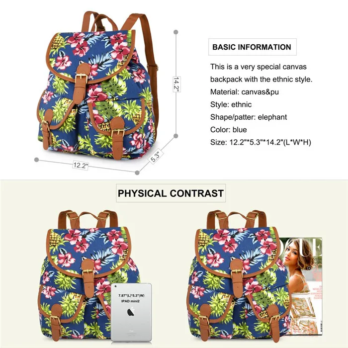 Source Classic backpacks for teen girls floral canvas backpack for