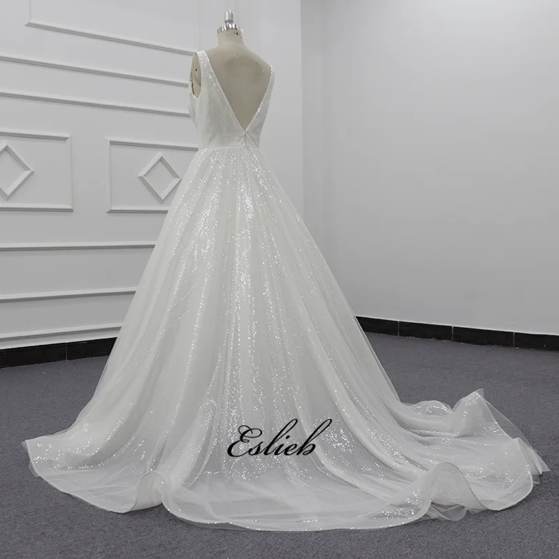 Eslieb 2019 Sparkle Sequins V Neck a Line Wedding Gown Open Back Saudi Arabia Bridal Dress Princess Style Wedding Dresses