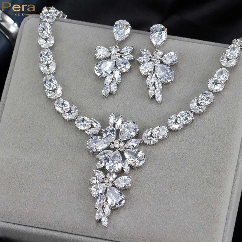 Luxury White Gold Plated Fairy Sparkling Cz Diamond Bridal Wedding Luxury White Gold Plated Fairy Sparkling Cz Diamond Bridal Wedding Drop Earrings And Necklace Jewelry Set For Brides J139