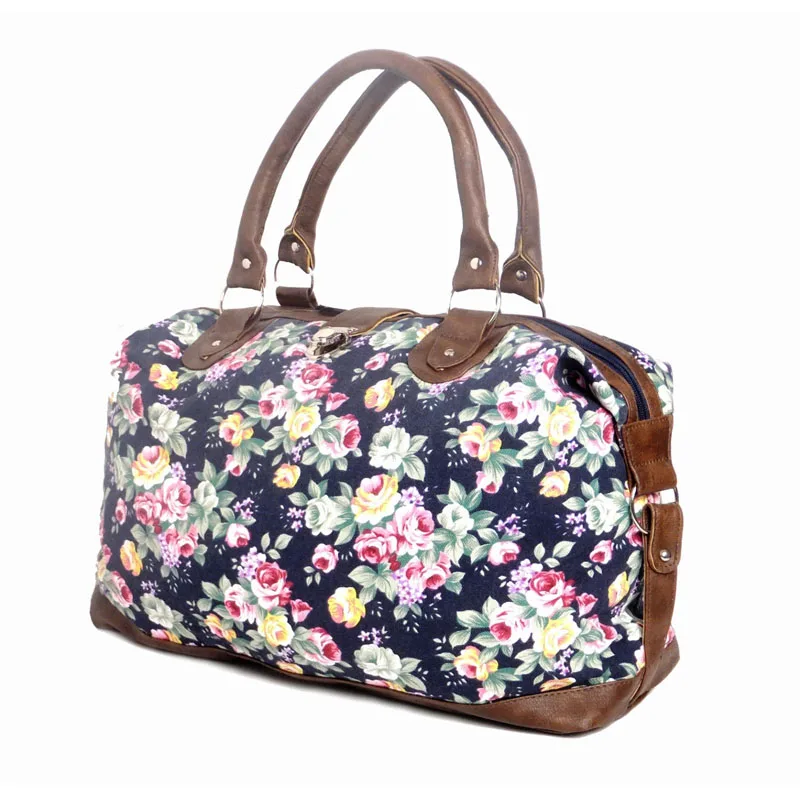 Womens Canvas Overnight Bag Ladies Floral Weekend Hand Luggage Travel Holdall 