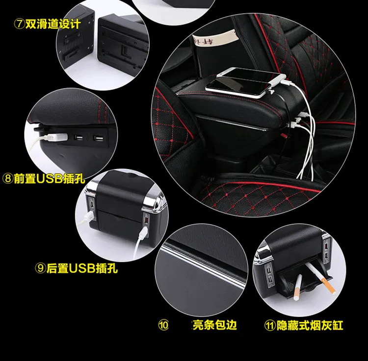 For Hyundai I30 Armrest Box USB Charging Interface Heighten Central Store Content Box Cup Holder Ashtray Accessories Part