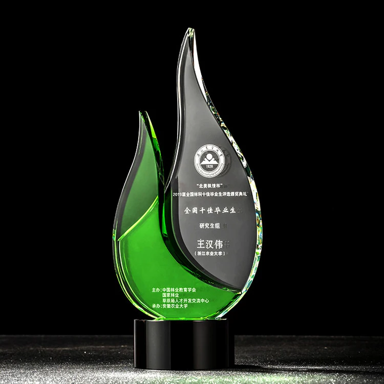 Excellence Gift Sprout Green Etched Crystal Trophy Award Customs Crystal Award