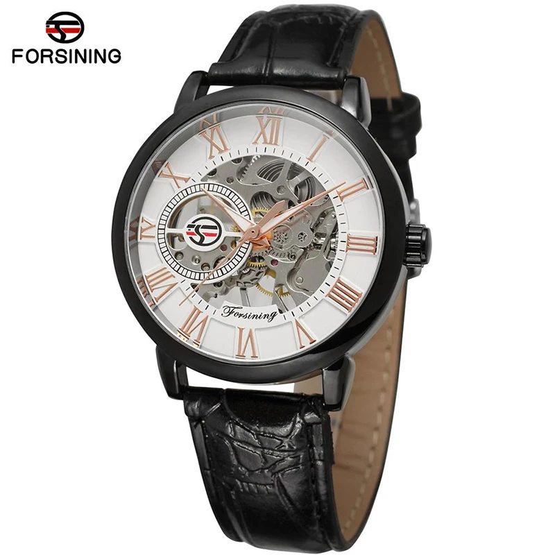 Forsining 8099 Automatic Watches Design Transparent Genuine Red Black Belt Top Brand Luxury Clock Skeleton Men Automatic Watches