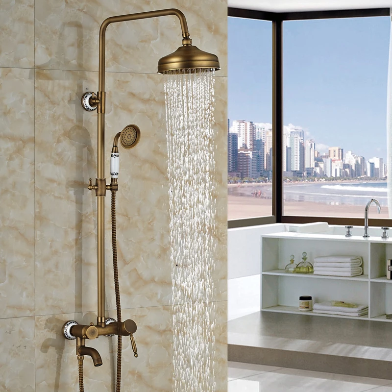 Gold Bathroom Tub Shower Faucet Set Wall Mount Rainfall Head Handspary Mixer Tap 