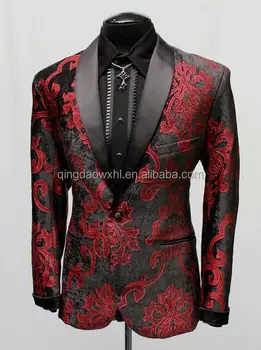 new design custom men wedding dress deluxe smoking jacket shawl lapel red black velvet brocade suit