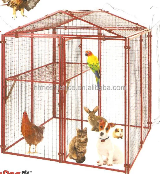 Simple Secure Modular Cage System for Pets Wood and Metal Dog House with Mesh and Iron Wired Triangle Pattern Dog Carrier