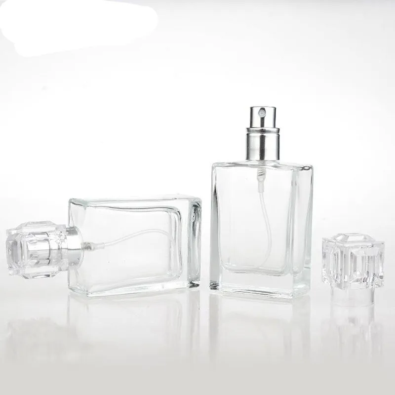 Hot Sale 30ml Rectangle Clear Transparent Glass Empty Spray Perfume Bottle Square Shape with Pump Sprayer Minimum Order 100pcs