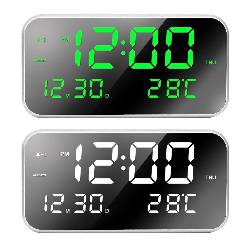 Large LED Alarm Clock Mirror Effect Music Clock 2018 Best Seller 3 Alarm Calendar Dim Light with  Temperature Display