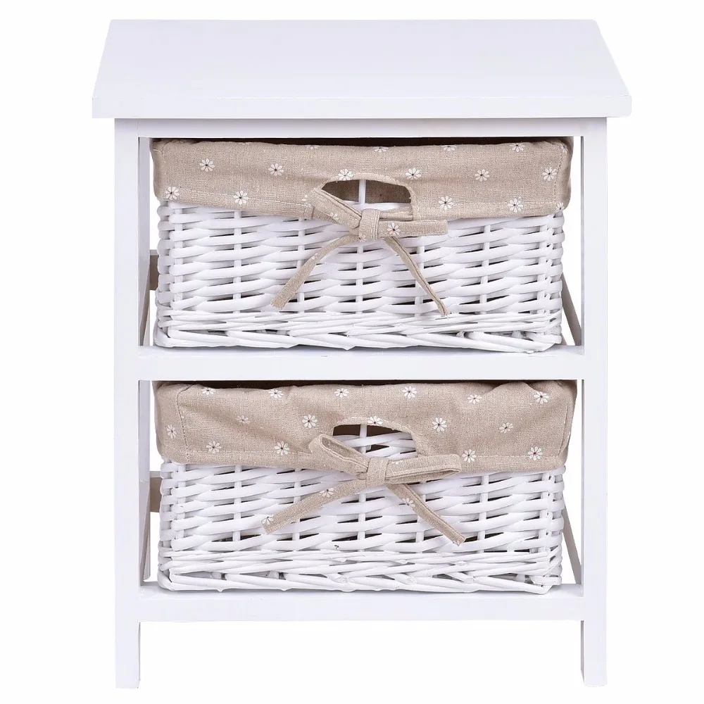 Bedside Table Wooden Wicker Nightstand Storage Unit With Rattan Basket White
