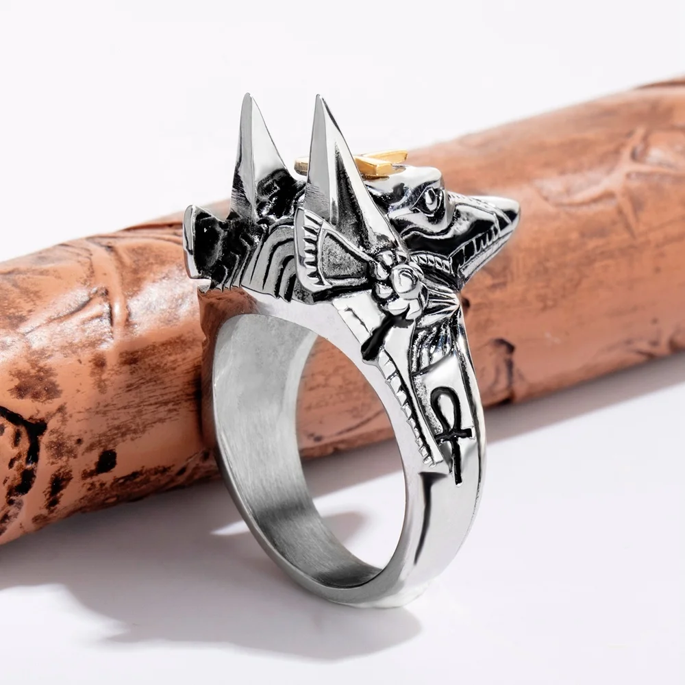 Anubis Cross Wolf Head Men Design Stainless Steel Custom Ring