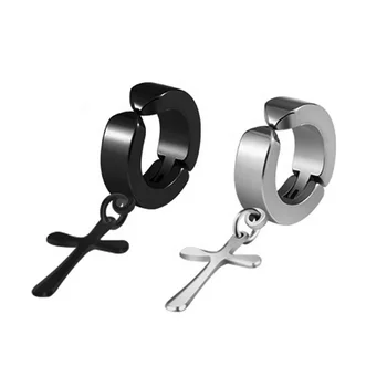Stainless Steel Cross Dangle Ear Cuff Earring for Men in Black / Silver Color