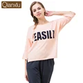 Qianxiu Casual Letter Printed Women Pajamas Sleepwear Autumn Cotton Three Quarter Sleeve Sleep Lounge Soft Homewear