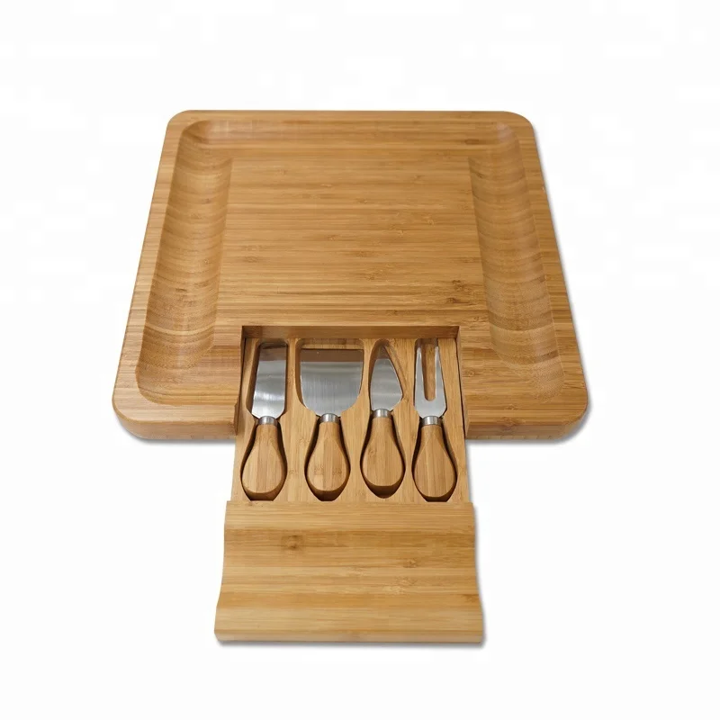 Разделочная доска с бамбуковым сыром набор столовых приборов 4 ножами слайсер инструменты выдвижная посуда ящик для сыра
