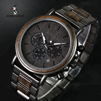 BOBO BIRD Black Wood Watch Stainless Steel Auto Date Watches for Men