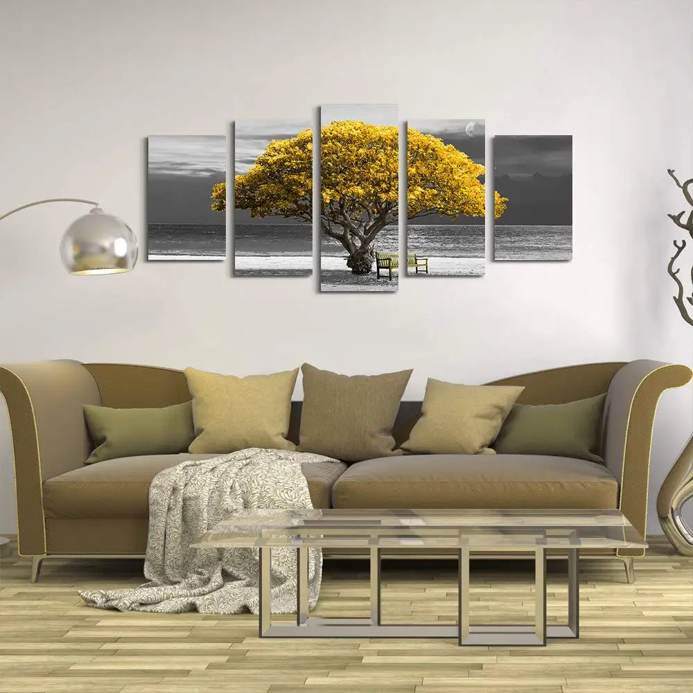 5 Canvas Wall Art Deco Photo Prints - Yellow Tree Landscape View - Modern  Decorative Stretches and Frames Ready to Hang Artwork, image size:1000x1000