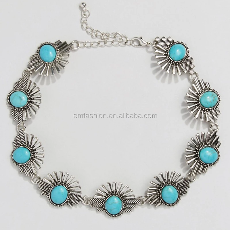 Vintage Retro Bohemia Style Blue Turquoise Alloy Choker Necklace Fashion Chains Jewelry