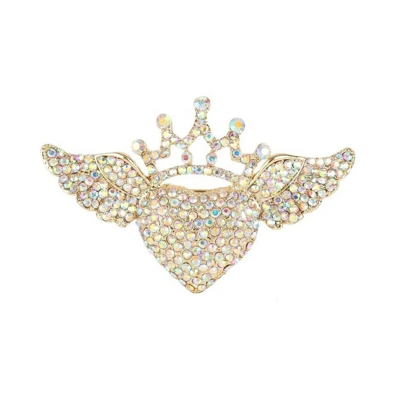 Broche Cœur Ange En Métal Argenté Et Doré Avec Cristaux - Occasion - Style Valentin/romantique