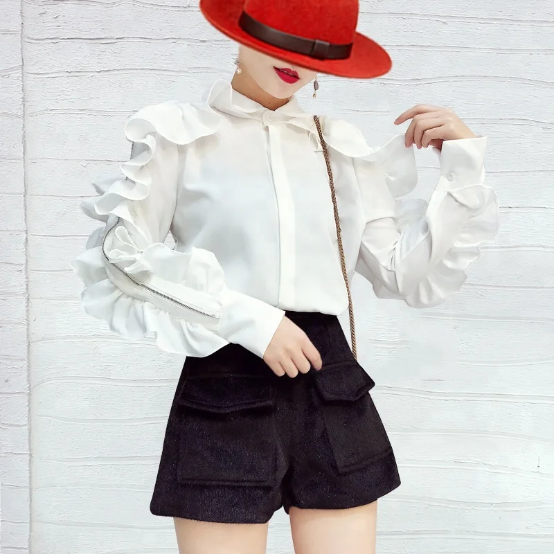 white ruffle long sleeve shirt