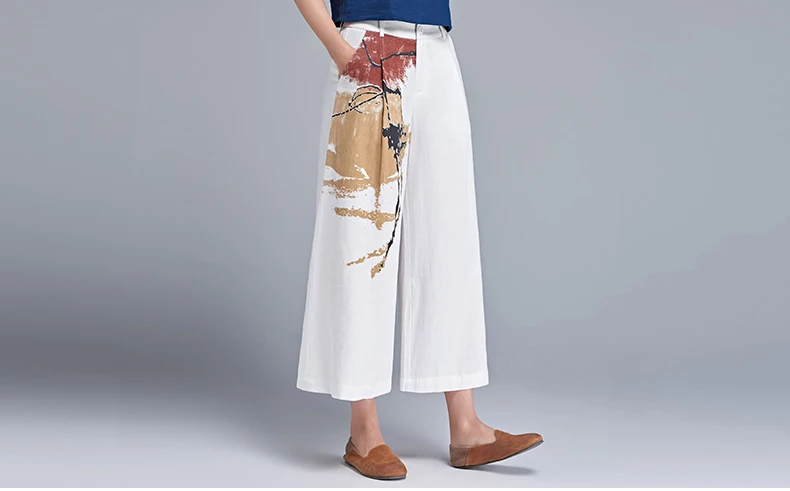 Source Woman wear Loose Printed Linen white Pants Trousers on m