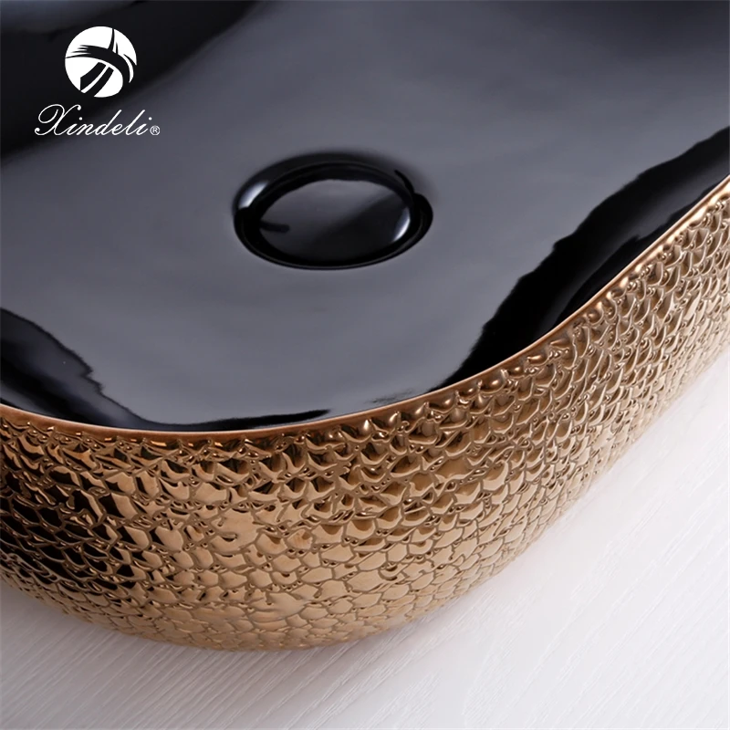 Crocodile Leather Rectangular Large Black Rose Gold Electroplate Art Countertop Sink Washing Basin for Bathroom