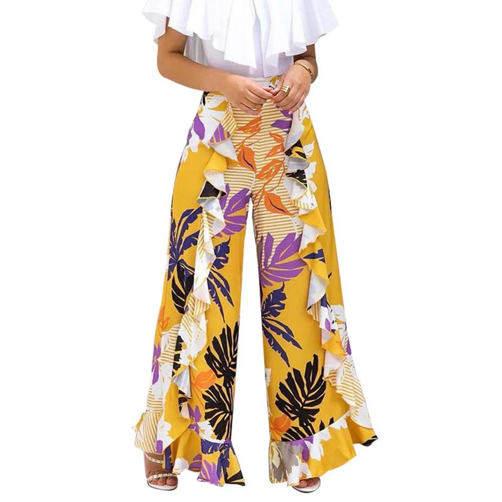 BROVAVE Women's Casual Boho Floral Print High Waist Wide Leg Pants Lounge Pants Beach Summer with Pockets 