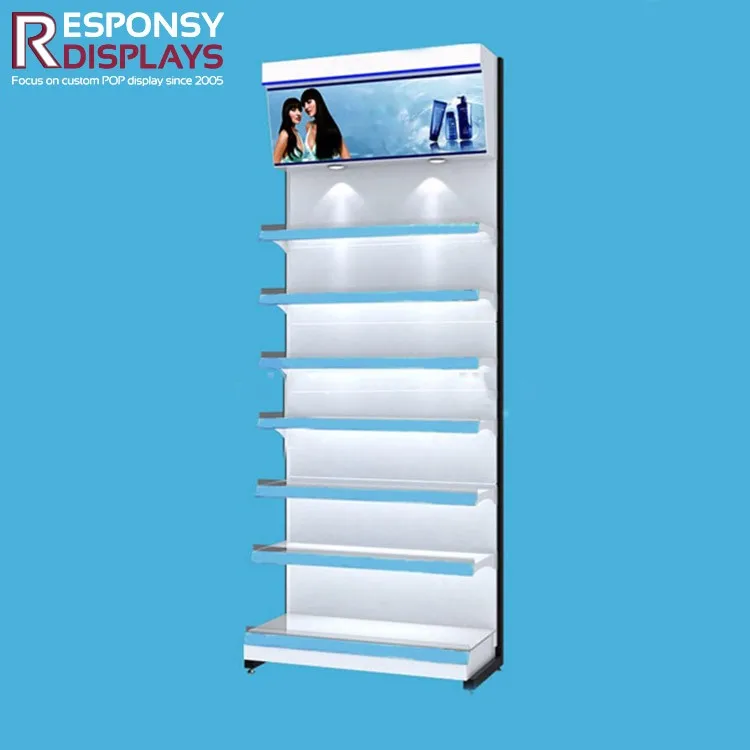 Metal Floor Standing Cosmetic Display Rack with Multi Tier Shelves and Large Back Panel for Lipstick Perfume Foundation in Shops