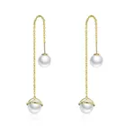 Gold Plated Long String Earrings 925 Sterling Silver Pearl Wire Ear Line Jewelry for Women