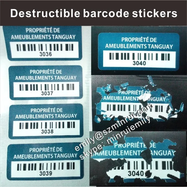 Custom Nonremovable Asset Tag Self Destructible bar Code Stickers