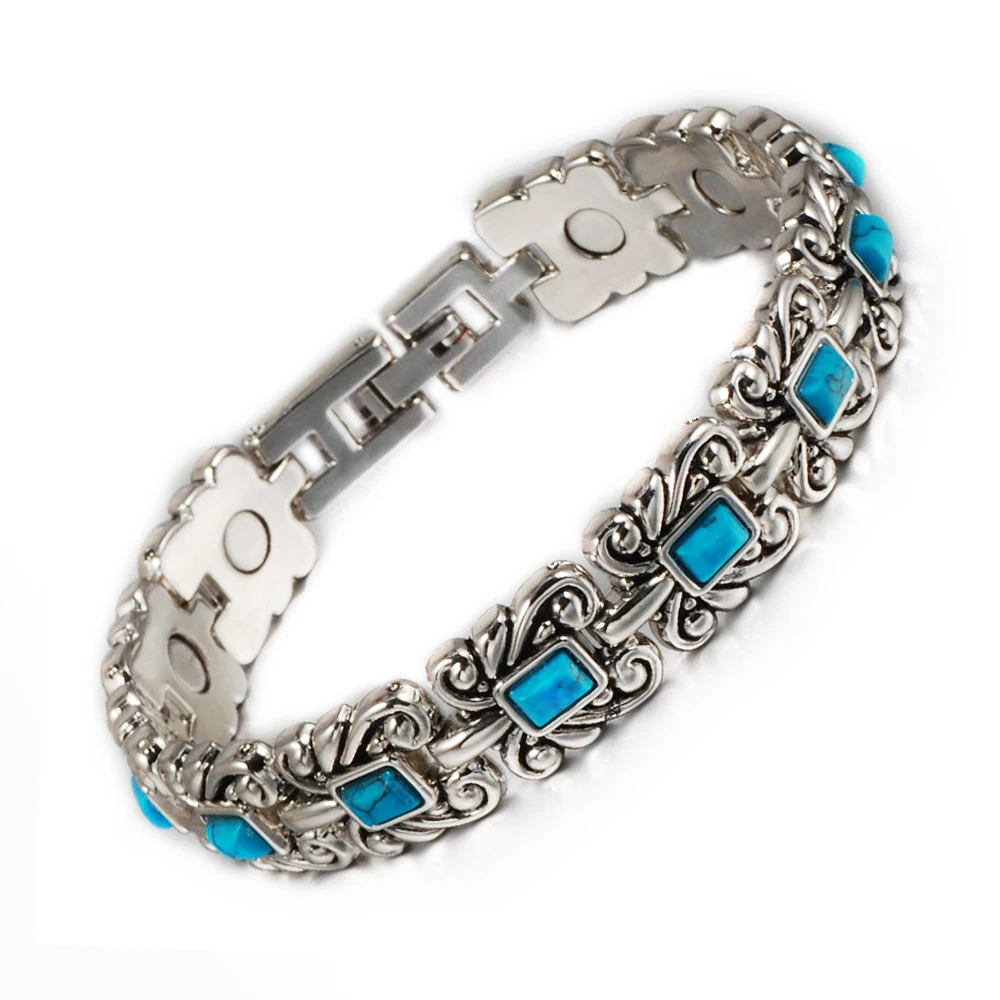 Wollet Jewelry Healthy Antique Style Blue Turquoise Magnetic Bracelets for Women 