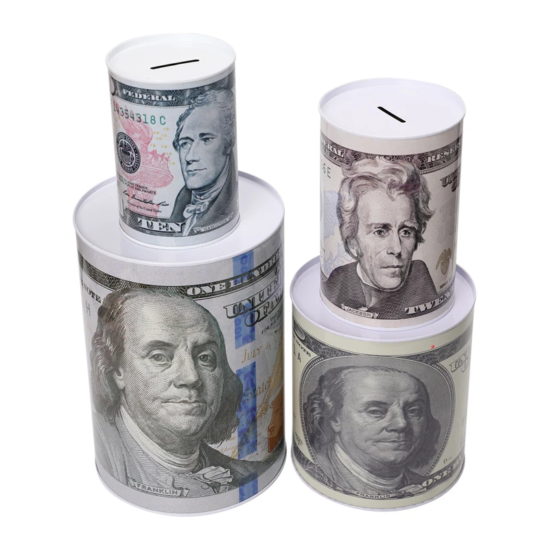 TOPSTHINK Custom Money Box Metal Cylindrical Coin Bank US Dollar Piggy Bank