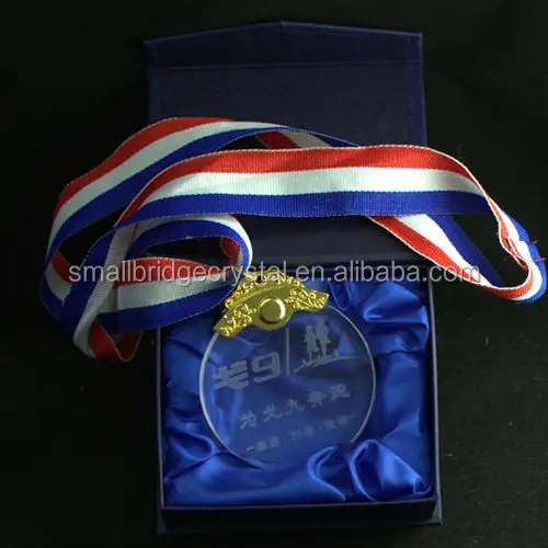 Customized crystal glass medals with ribbon and gift box for sports events supplier