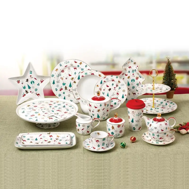 porcelain dinner ware tea set Christmas design red