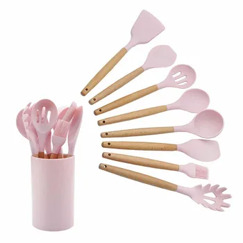 Custom Wholesale Private Label Non-Stick Heat Resistant Cooking 11-piece Silicon Pink Kitchen Utensils Set with Plastic Holders