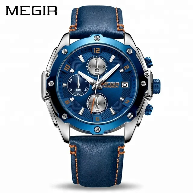 MEGIR Chronograph Relogio Masculino Blue Leather Business Quartz Creative Wrist Watch