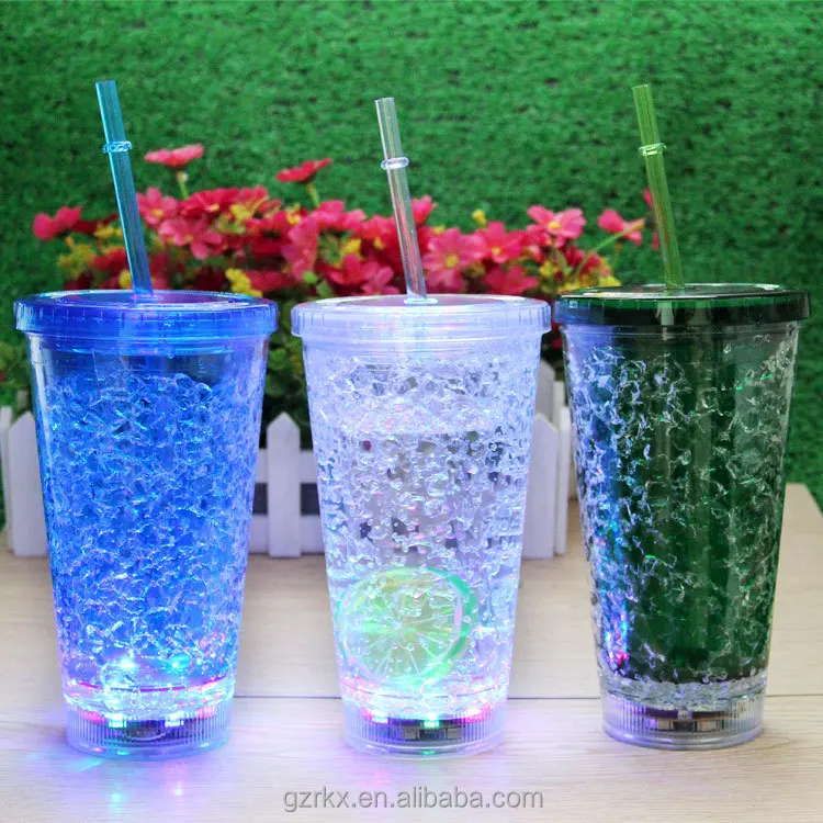 Прозрачная пластиковая светодиодная мигающая кружка с двойными стенками и соломинкой Пластиковая Кружка со светодиодной подсветкой летняя