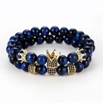 Best Selling Luxury Hand Jewelry 2Pcs/Set 8mm Blue Tiger Eye Stone Bracelet Micro Pave CZ Crown Charm Bracelet