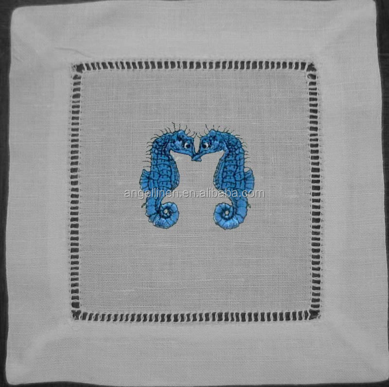 100 Pure Linen Cocktail Napkins With Sea Horse Embroidery Buy