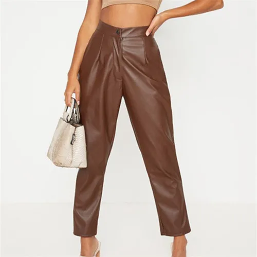 Petite Chocolate Faux Leather Slim Leg Trousers